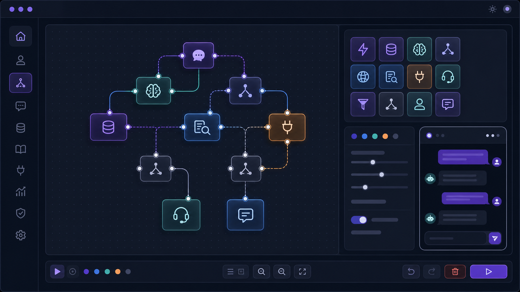Straight dark-mode workflow editor for a Laravel agentic chatbot builder with connected AI, RAG, API, routing, and handoff nodes