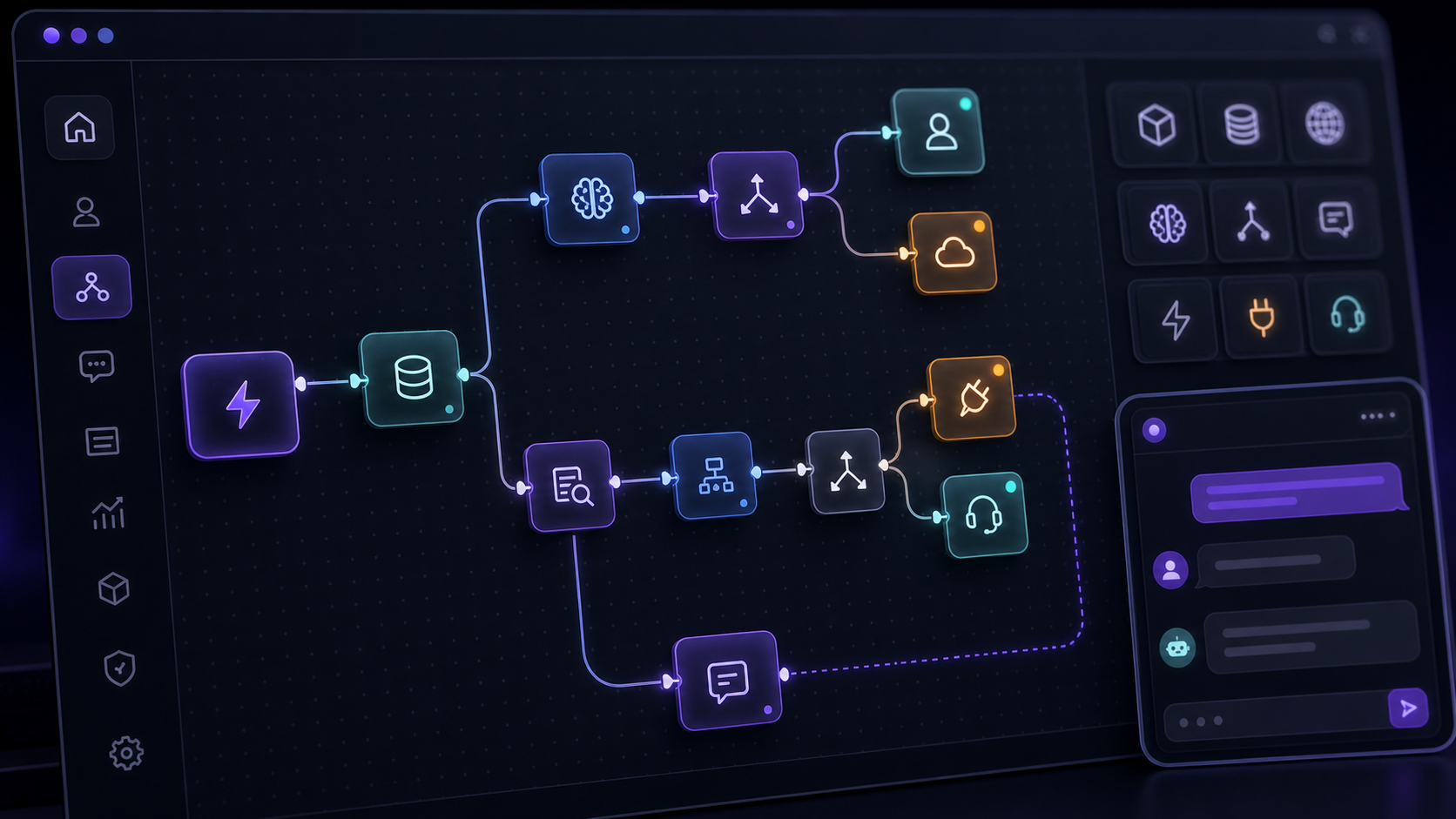 Dark visual workflow editor for a Laravel agentic chatbot builder with connected AI, RAG, API, routing, and handoff nodes